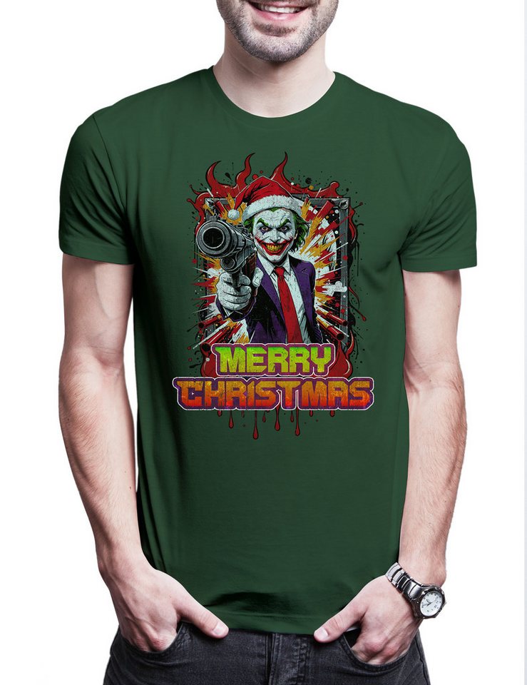 Urban Backwoods Print-Shirt Merry Christmas Joker Gun Herren T-Shirt Happy Santa X-Mas Claus (1-tlg) Holidays Batman Weihnachten Gotham von Urban Backwoods