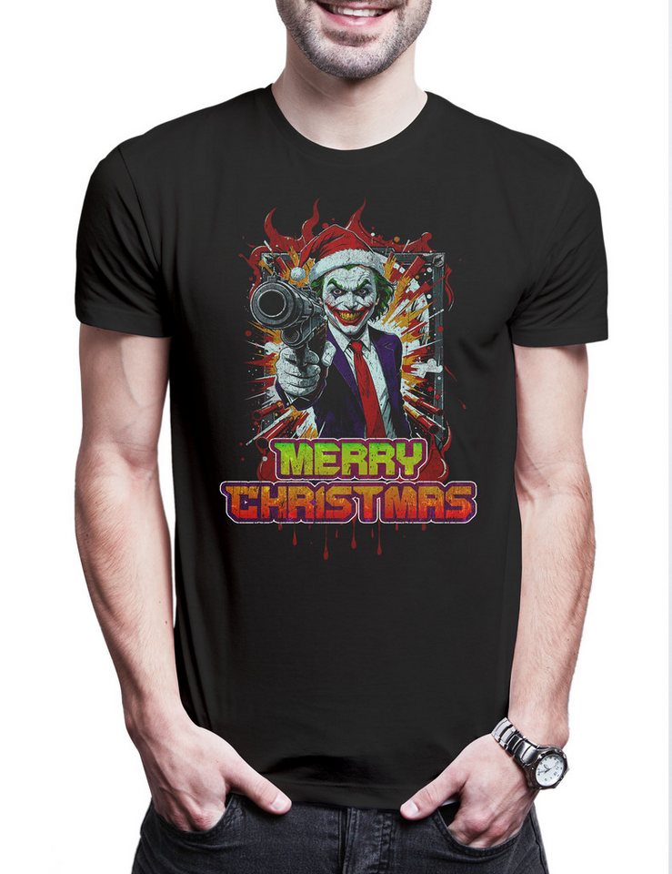 Urban Backwoods Print-Shirt Merry Christmas Joker Gun Herren T-Shirt Happy Santa X-Mas Claus (1-tlg) Holidays Batman Weihnachten Gotham von Urban Backwoods