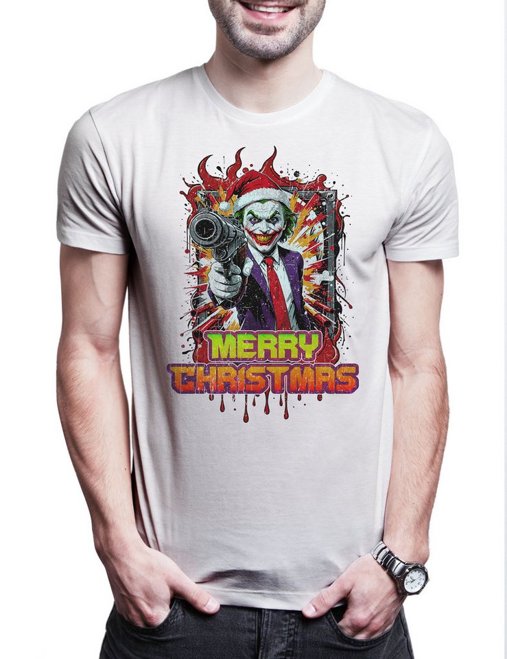 Urban Backwoods Print-Shirt Merry Christmas Joker Gun Herren T-Shirt Happy Santa X-Mas Claus (1-tlg) Holidays Batman Weihnachten Gotham von Urban Backwoods