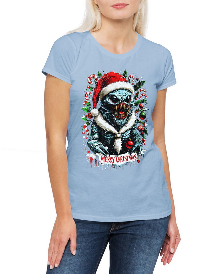 Urban Backwoods Print-Shirt Merry Christmas Monster Damen T-Shirt Happy Santa X-Mas Claus Critter (1-tlg) Weihnachten Critters Sci-Fi Weihnachtsmann von Urban Backwoods