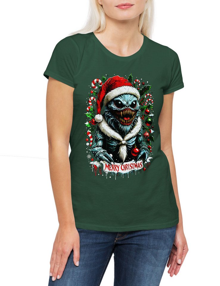 Urban Backwoods Print-Shirt Merry Christmas Monster Damen T-Shirt Happy Santa X-Mas Claus Critter (1-tlg) Weihnachten Critters Sci-Fi Weihnachtsmann von Urban Backwoods
