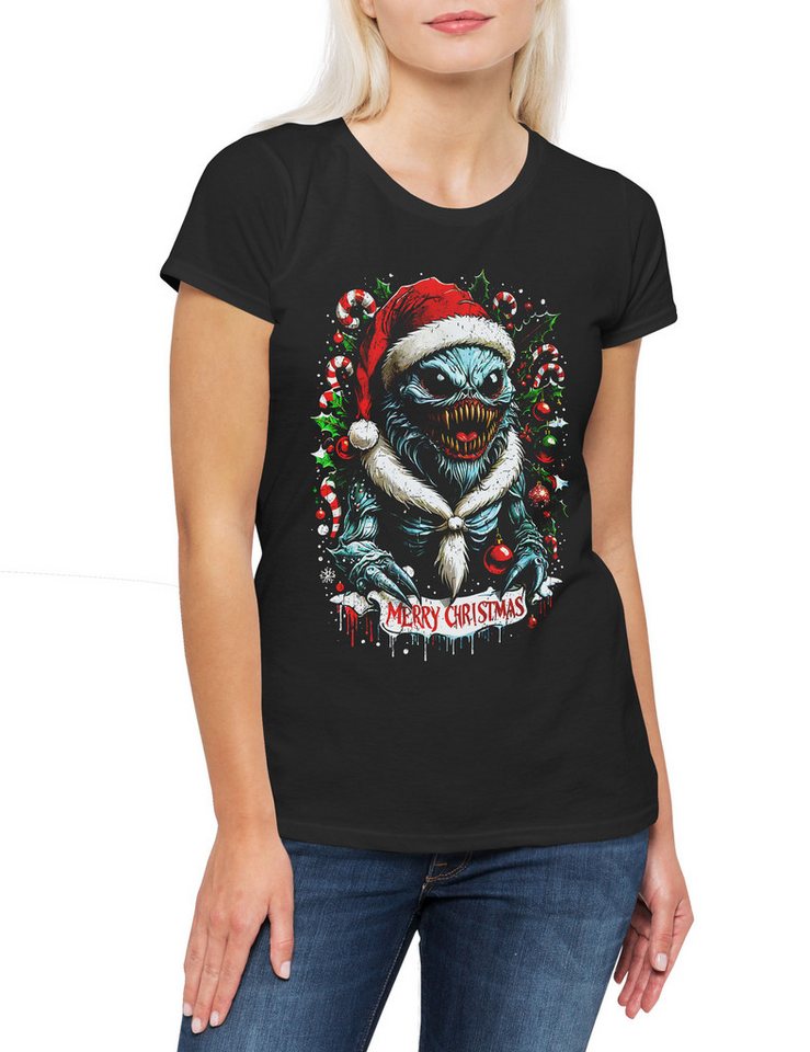 Urban Backwoods Print-Shirt Merry Christmas Monster Damen T-Shirt Happy Santa X-Mas Claus Critter (1-tlg) Weihnachten Critters Sci-Fi Weihnachtsmann von Urban Backwoods