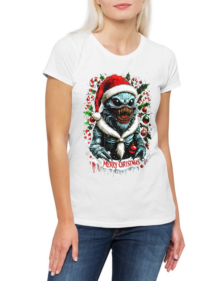Urban Backwoods Print-Shirt Merry Christmas Monster Damen T-Shirt Happy Santa X-Mas Claus Critter (1-tlg) Weihnachten Critters Sci-Fi Weihnachtsmann von Urban Backwoods