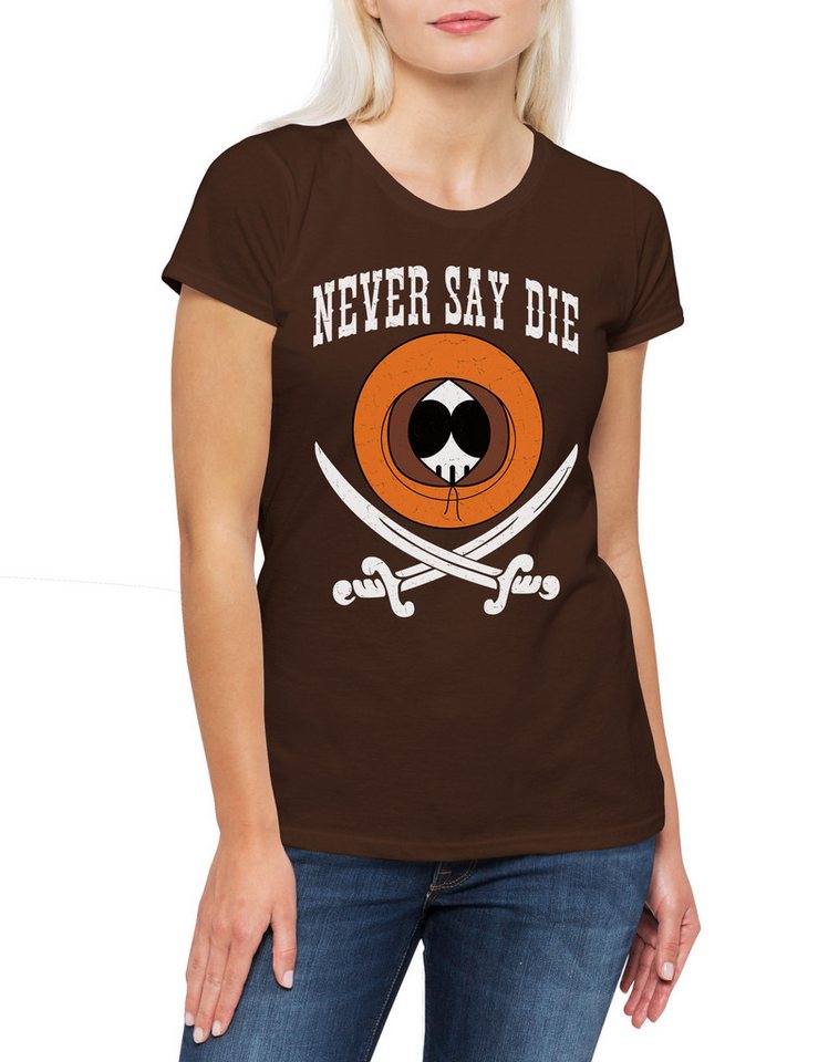 Urban Backwoods Print-Shirt Never Say Die Damen T-Shirt Comic Cartoon Dark Park Humor South Series (1-tlg) Sitcom Fun Kenny Killed von Urban Backwoods