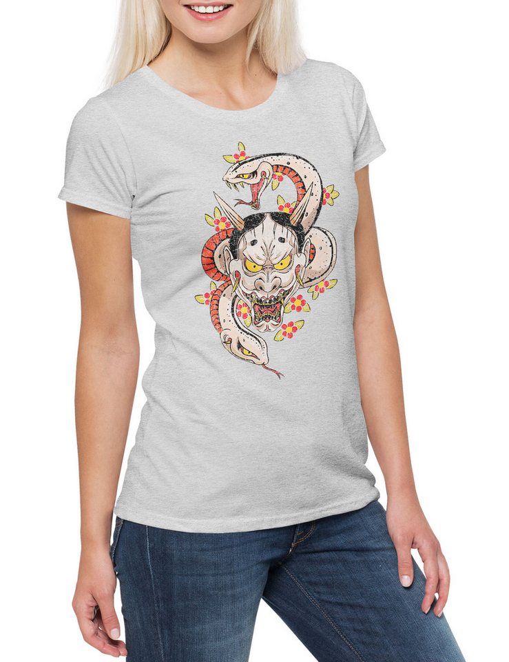 Urban Backwoods Print-Shirt Oni Tattoo Damen T-Shirt Samurai Warrior Way Banzai Japan Ninja Shogun (1-tlg) Hannya Mask Japanisch Japanese von Urban Backwoods