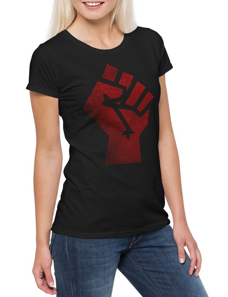Urban Backwoods Print-Shirt Raised Fist Damen T-Shirt Red Clenched Faust Salute Unity Strength (1-tlg) Sign Rsistance Symbol Power von Urban Backwoods