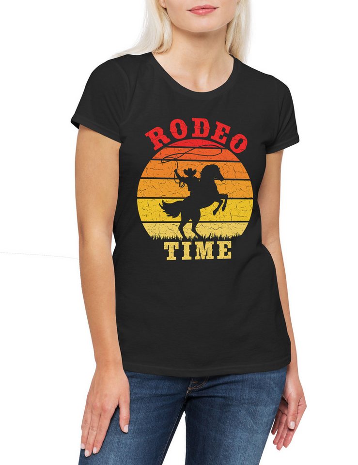 Urban Backwoods Print-Shirt Rodeo Time Damen T-Shirt Pferd Cowboy Country Horse Cowgirl Hut Lasso (1-tlg) Sport Reiten Turnier Western von Urban Backwoods