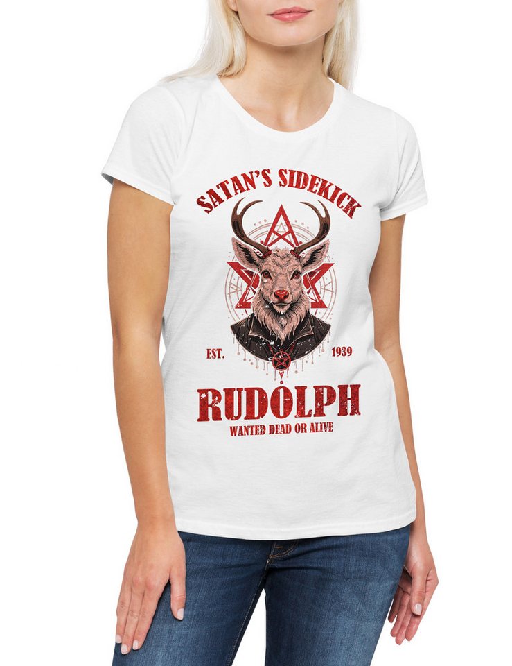 Urban Backwoods Print-Shirt Rudolph Satan's Sidekick Damen T-Shirt Reindeer Rentier Merry (1-tlg) Christmas Santa X-Mas Claus von Urban Backwoods