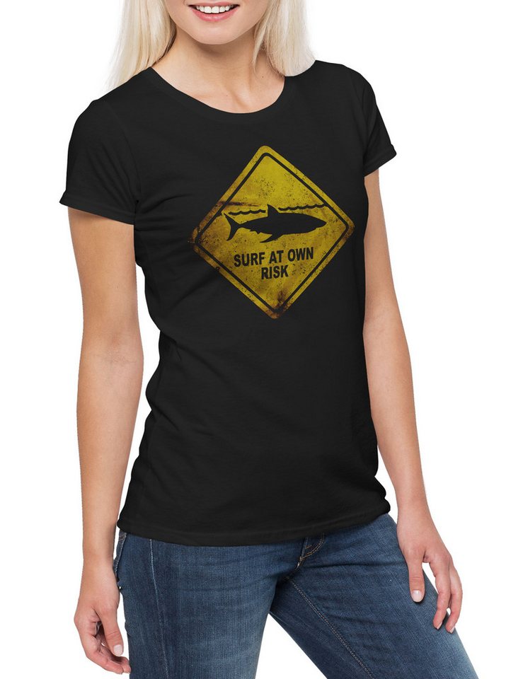 Urban Backwoods Print-Shirt Shark Warning Sign Damen T-Shirt Weißer Hai Surfer Surfing Diver (1-tlg) Taucher Jaws Warnung Warnschild von Urban Backwoods