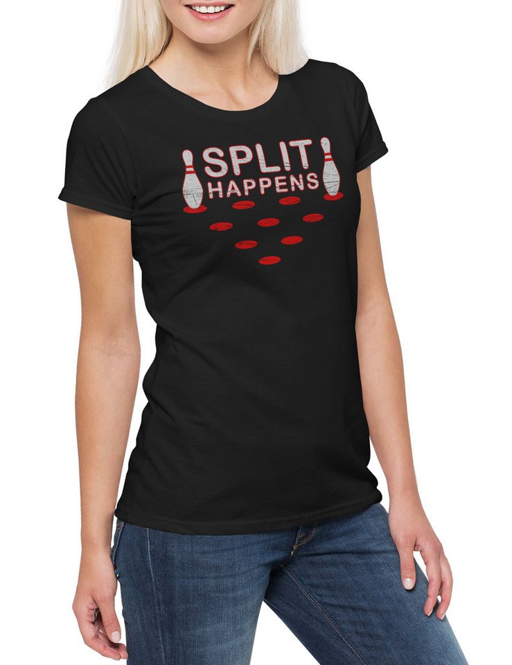 Urban Backwoods Print-Shirt Split Happens Damen T-Shirt Gamer Gaming Games Fun Let's Bowl Sport (1-tlg) Bowling Fun 2012 Kegeln von Urban Backwoods