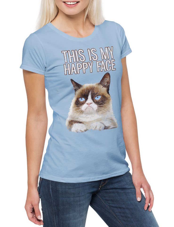 Urban Backwoods Print-Shirt This Is My Happy Face Damen T-Shirt Grumpy Katze Gesicht Cat Smile (1-tlg) Rockabella Girl Kitten Kitty von Urban Backwoods