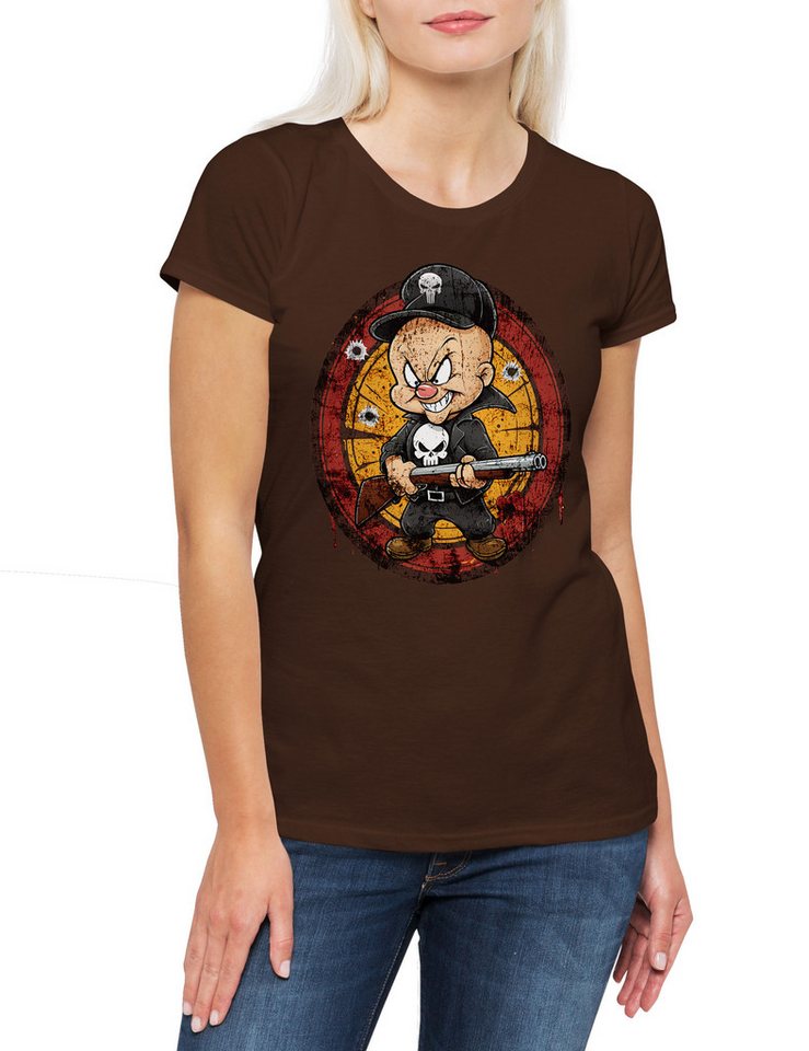 Urban Backwoods Print-Shirt Vigilante Fud Damen T-Shirt Skull Logo Toon Cartoon Comic Elmer (1-tlg) Punisher Symbol Zeichen Bunny von Urban Backwoods