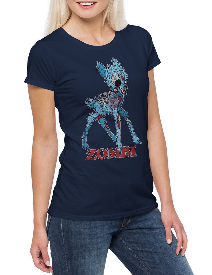 Urban Backwoods Print-Shirt Zombi II Damen T-Shirt Reh Hirsch Bambi Deer Fun Dracula Vampir (1-tlg) Vampire Bat Zombie Splatter von Urban Backwoods