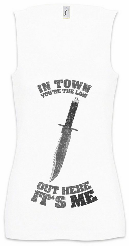 Urban Backwoods Tanktop In Town You're The Law Ärmelloses Damen T-Shirt Sly Rambo Out Here Quote Zitat Blue Light von Urban Backwoods