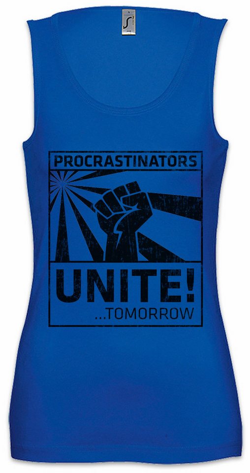 Urban Backwoods Tanktop Procrastinators Unite Ärmelloses Damen T-Shirt Geek Nerd Raised Fist Demonstration Zauderer Entscheidungs Legastheniker von Urban Backwoods
