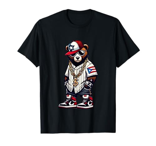 Urban Bear Street Style Hip Hop Swag Trend - Hip Hop Bär mit puertoricanischer Flagge Streetwear Boricua T-Shirt für Unisex-Erwachsene und Kinder - Schwarz, S von Urban Bear Street Style Hip Hop Swag Trend