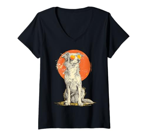 Damen Retro Sonnenbrille Dog Vibes T-Shirt mit V-Ausschnitt Damen Retro Sonnenbrille Dog Vibes T-Shirt mit V-Ausschnitt von Urban Canine Classics & Vintage Street Style