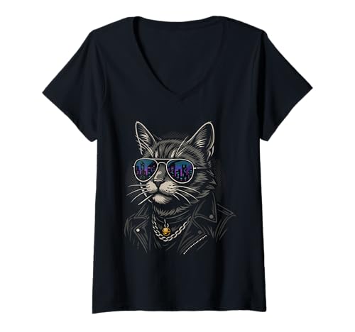 Damen Cool Cat in Shades with City Lights Retro Streetwear Vibe T-Shirt mit V-Ausschnitt Damen Cool Cat in Shades with City Lights Retro Streetwear Vibe T-Shirt mit V-Ausschnitt von Urban Cat Art for Grunge Street Style Fans