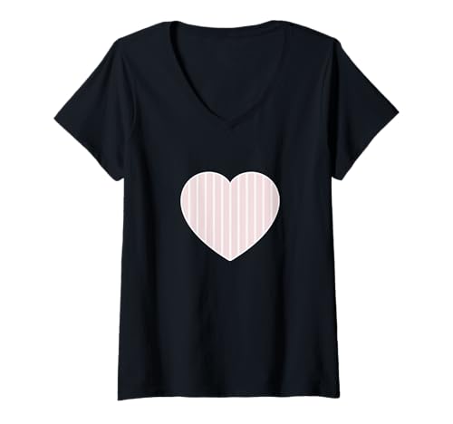 Damen Hellrosa weiß gestreifte ästhetische minimalistische vertikale Linien T-Shirt mit V-Ausschnitt von Urban Classic Trends