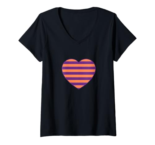 Damen Lustiges, süßes orangefarbenes und Violettes Streifenmuster, Halloween-Thema T-Shirt mit V-Ausschnitt von Urban Classic Trends