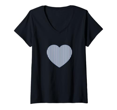 Damen Niedliche Blaue Küstenstreifen, ästhetisch, minimal, vertikale Linie T-Shirt mit V-Ausschnitt von Urban Classic Trends