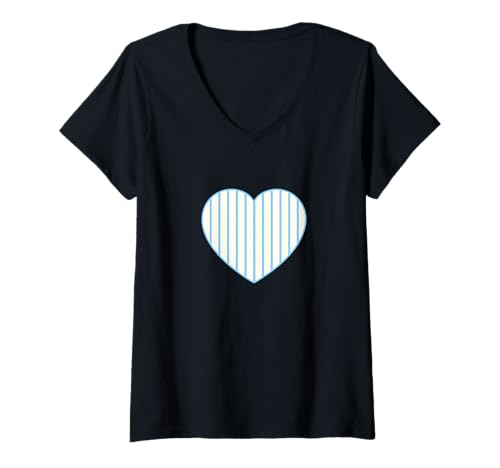 Damen Niedliche Blaue und cremefarbene gestreifte ästhetische minimalistische vertikale Linien T-Shirt mit V-Ausschnitt von Urban Classic Trends