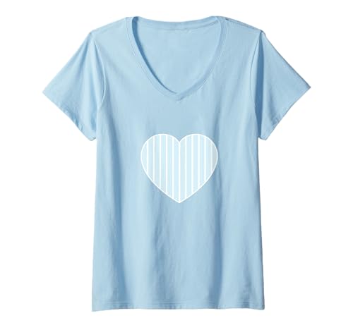 Damen Niedliche Pastellblau gestreifte ästhetische minimalistische vertikale Linien T-Shirt mit V-Ausschnitt von Urban Classic Trends