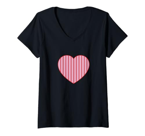 Damen Niedliche rosa und rot gestreifte ästhetische minimalistische vertikale Linien T-Shirt mit V-Ausschnitt von Urban Classic Trends