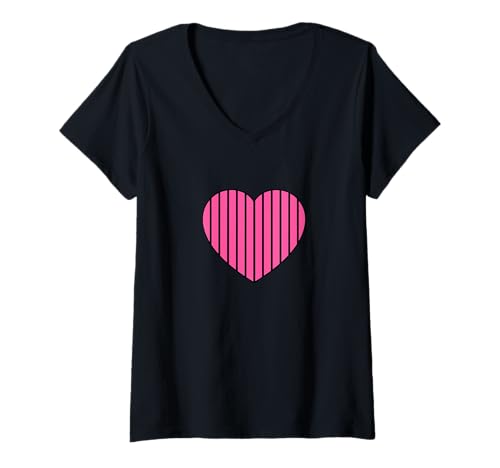 Damen Niedliche rosa und schwarz gestreifte ästhetische minimalistische vertikale Linien T-Shirt mit V-Ausschnitt von Urban Classic Trends