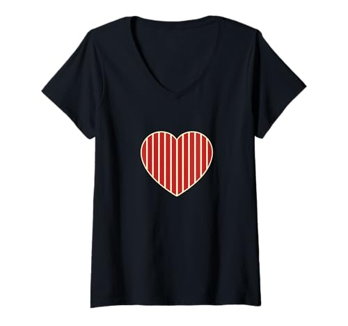 Damen Niedliche rote und cremefarbene gestreifte ästhetische minimalistische vertikale Linien T-Shirt mit V-Ausschnitt von Urban Classic Trends