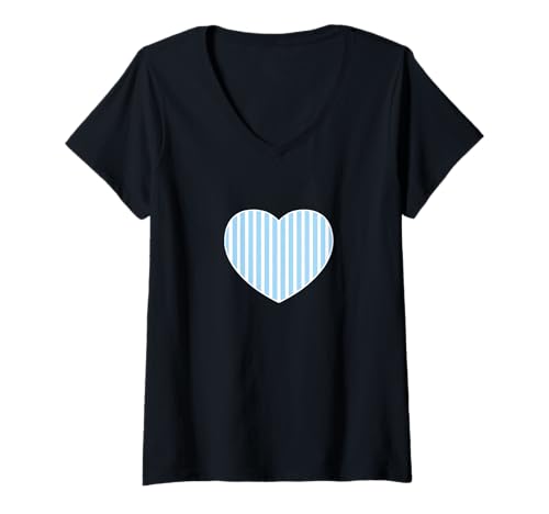 Damen Niedliches Babyblau gestreiftes Muster vertikale Linien minimalistisch T-Shirt mit V-Ausschnitt von Urban Classic Trends
