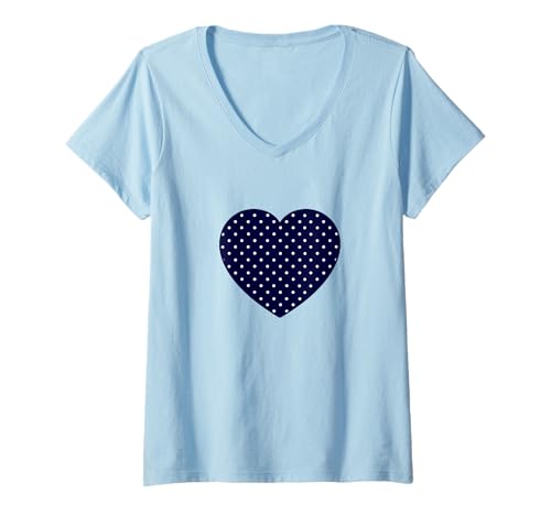 Damen Niedliches dunkelblaues und weißes Punktemuster, minimalistisch T-Shirt mit V-Ausschnitt von Urban Classic Trends