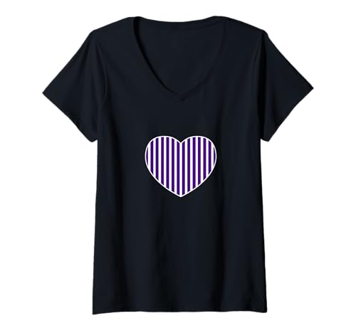 Damen Niedliches lila weiß gestreiftes Muster vertikale Linien minimalistisch T-Shirt mit V-Ausschnitt von Urban Classic Trends