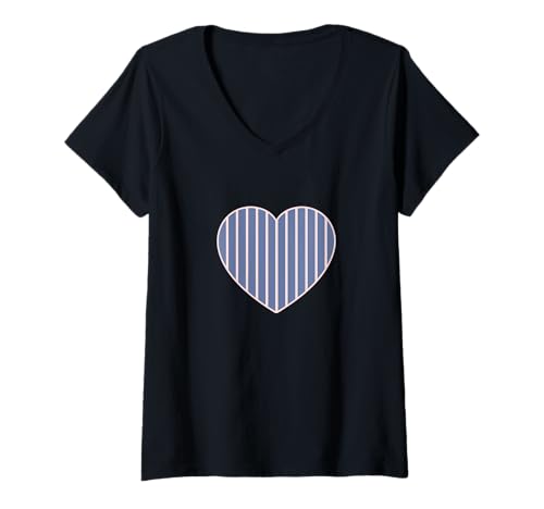 Damen Pastellblau-rosa gestreifte ästhetische minimalistische vertikale Linien T-Shirt mit V-Ausschnitt von Urban Classic Trends