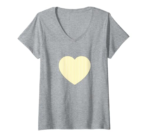 Damen Pastellgelb weiß gestreift ästhetische minimale vertikale Linie T-Shirt mit V-Ausschnitt von Urban Classic Trends