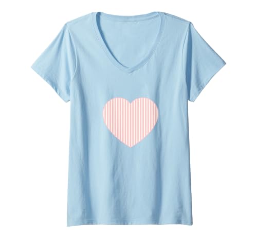 Damen Pastellrosa gelb gestreift ästhetische minimalistische vertikale Linie T-Shirt mit V-Ausschnitt von Urban Classic Trends