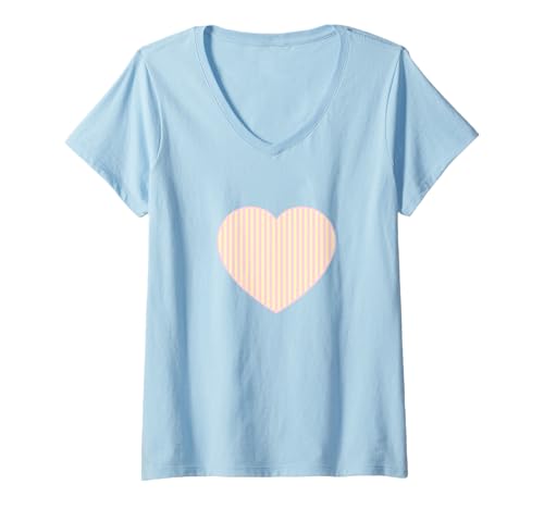 Damen Pastellrosa gelb gestreift ästhetische minimalistische vertikale Linie T-Shirt mit V-Ausschnitt von Urban Classic Trends
