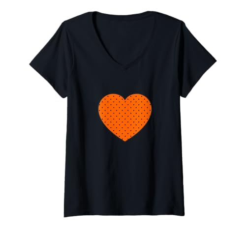 Damen Süßer Kürbis orange und schwarz gepunktetes Muster Halloween T-Shirt mit V-Ausschnitt von Urban Classic Trends