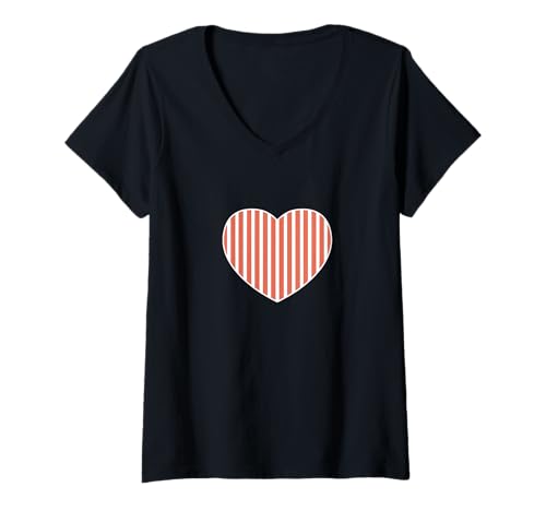 Damen Terrakotta-Weiß gestreiftes Muster vertikale Linien minimalistisch T-Shirt mit V-Ausschnitt von Urban Classic Trends