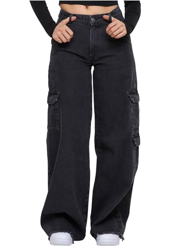 Urban Classics Damen TB6156-Ladies Mid Waist Cargo Denim Pants Hose, Black Charcoal Washed, 28 von Urban Classics