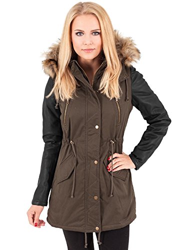 Urban Classics Damen Jacke Jacke Leather Imitation Sleeve Parka mehrfarbig (Olv/Blk) Small von Urban Classics