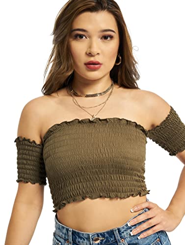 Urban Classics Damen TB2223-Ladies Cropped Cold Shoulder Smoke Top, Olive, M von Urban Classics