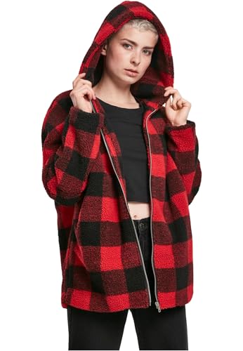 Urban Classics Damen Jacke Ladies Hooded Oversized Check Sherpa Jacket, Mehrfarbig (Firered/Blk 01440), XXX-Large (Herstellergröße: 3XL) von Urban Classics