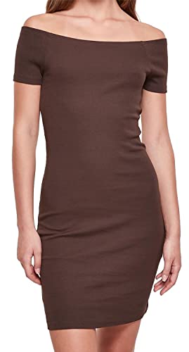 Urban Classics Damen Kleid Ladies Off Shoulder Rib Dress, schulterfreies Kleid für Frauen, Slim Fit, brown, XS von Urban Classics