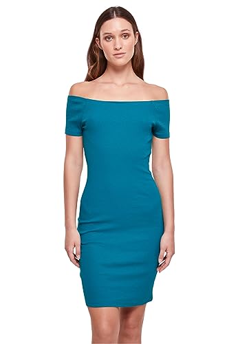 Urban Classics Damen Kleid Ladies Off Shoulder Rib Dress, schulterfreies Kleid für Frauen, Slim Fit, watergreen, XS von Urban Classics