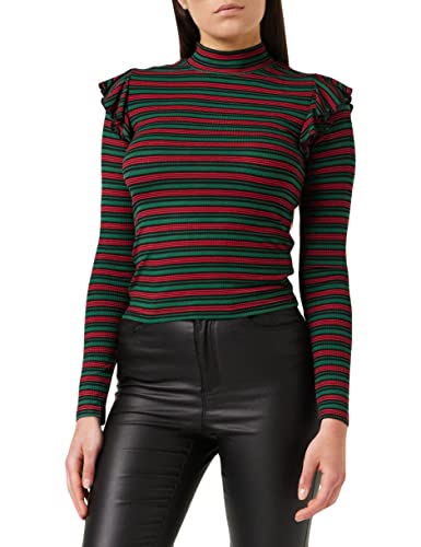 Urban Classics Damen Ladies Rib Striped Volant Turtleneck L/S Langarmshirt, Mehrfarbig (Green/Black/Firered 01315), XS EU von Urban Classics