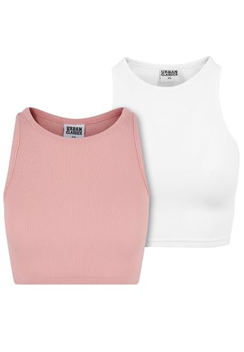 Urban Classics Damen Top Cropped Rib Top 2-Pack, 2er Pack Top für Frauen, kurz geschnitten, Slim Fit, lemonadepink+White, S von Urban Classics