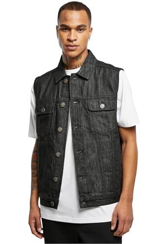 Urban Classics Herren Denim Vest – Jeansweste aus Baumwolle mit Knopfleiste, Brusttaschen und Kragen, ärmellose Weste für Streetwear, Freizeit & Alltag, Black Washed, L von Urban Classics