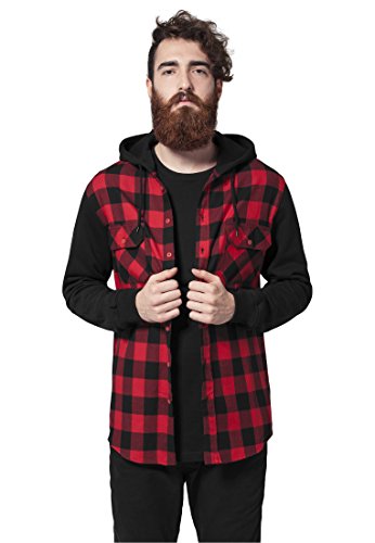 Urban Classics Herren Regular Fit Freizeit Hemd Hooded Checked Flanell Sweat Sleeve Shirt, Gr. Large, Mehrfarbig (blk/red/bl 283) von Urban Classics