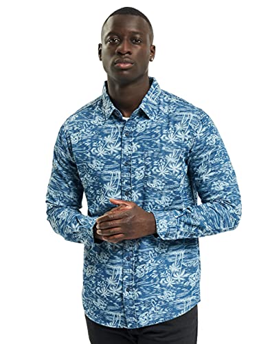 Urban Classics Herren Printed Palm Denim Shirt Jeanshemd, Light Blue Wash, L von Urban Classics